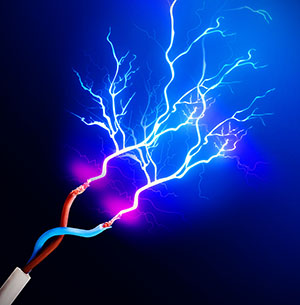 A graphic showing exposed wires shooting blue electricity into the air, demonstrating electric shock dangers.